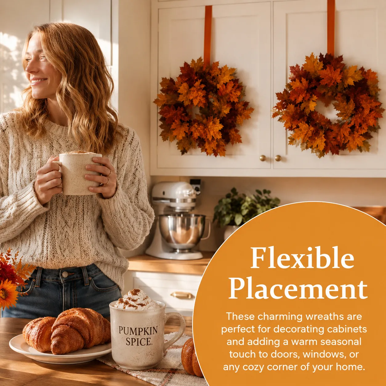 Mini Fall Maple Leaf Cabinet Wreath with Hanging Ribbon