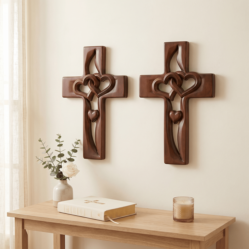 Handmade Wooden Double-Heart Cross Wall Decor