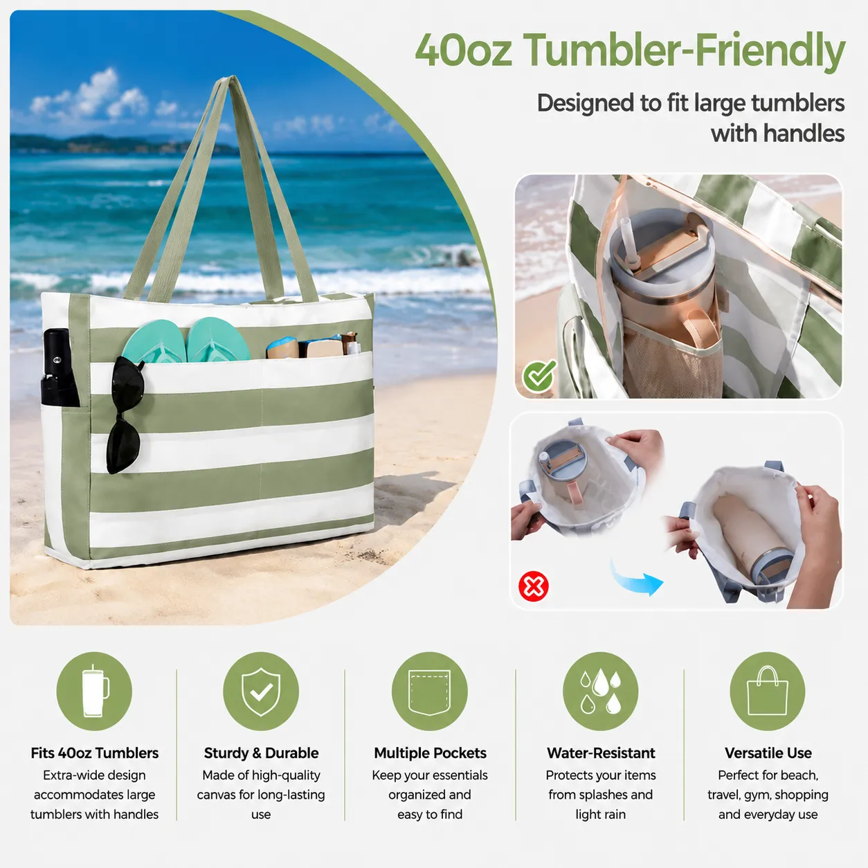 🏖️Beach Bag—Large, waterproof, sand-proof zippered tote with a water bottle pocket