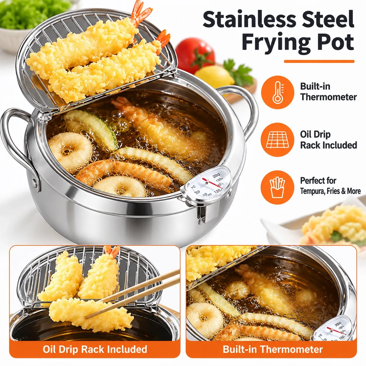 Japanese-Style Stainless Steel Deep Fryer Pot with Thermometer & Drain Rack