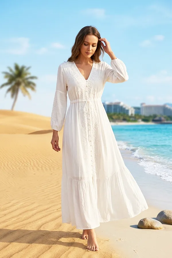 Women’s Retro Embroidered V-Neck Vacation Maxi Dress