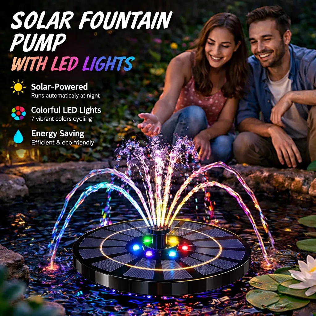 Floating Solar Fountain: Add elegant movement and colorful night lights to your patio using only the sun. 🌟