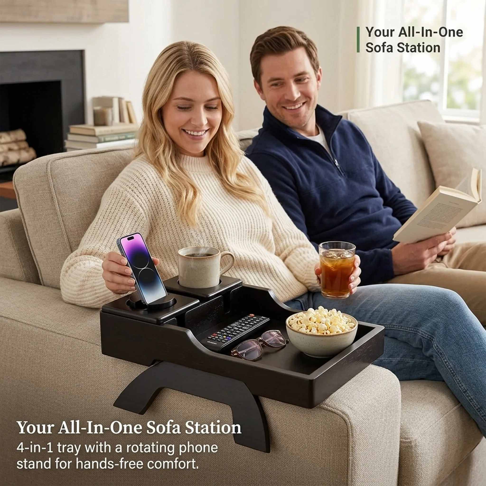 🛋️ Wooden Sofa Cup Holder Tray