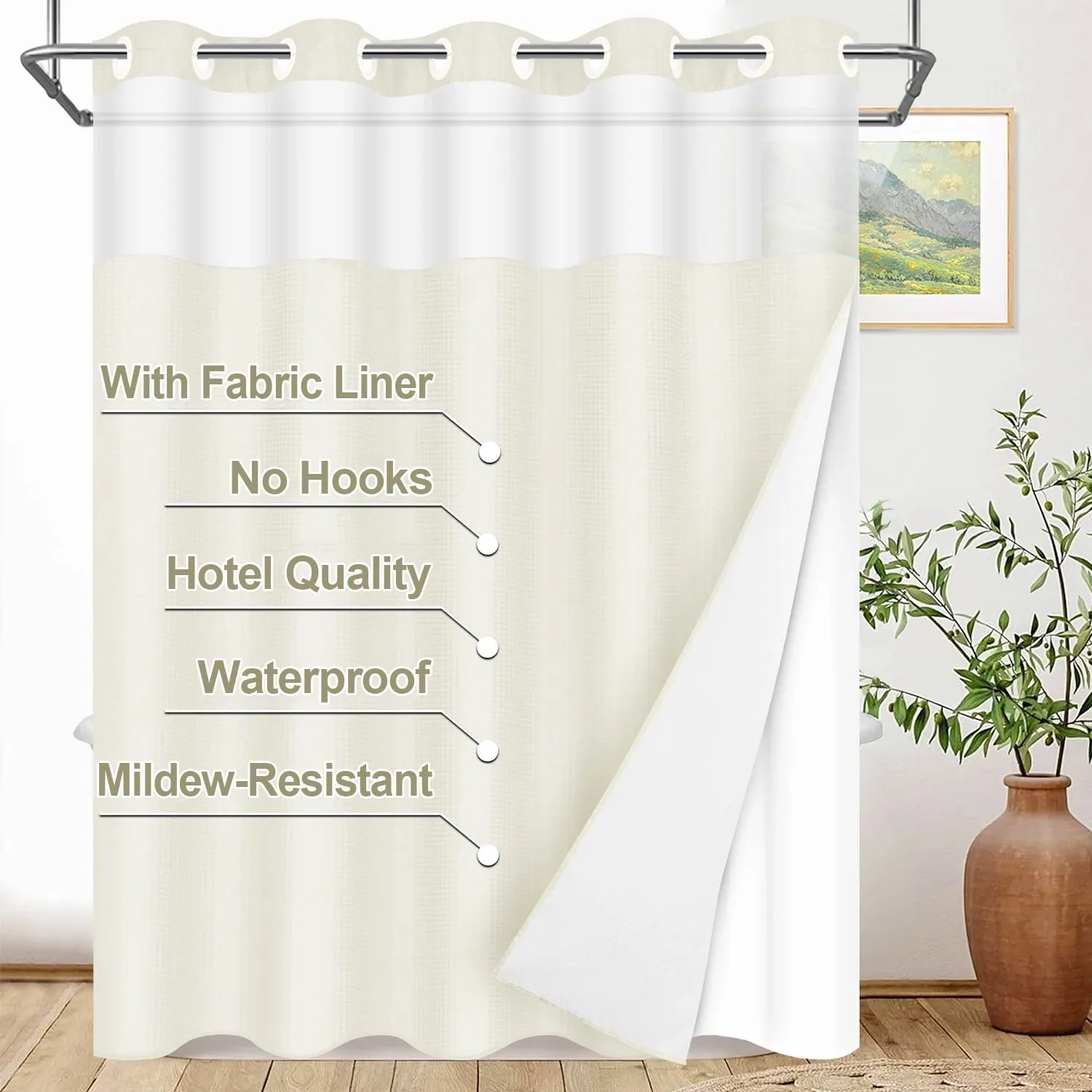 SpaView Hookless Waffle Shower Curtain with Snap-In Liner