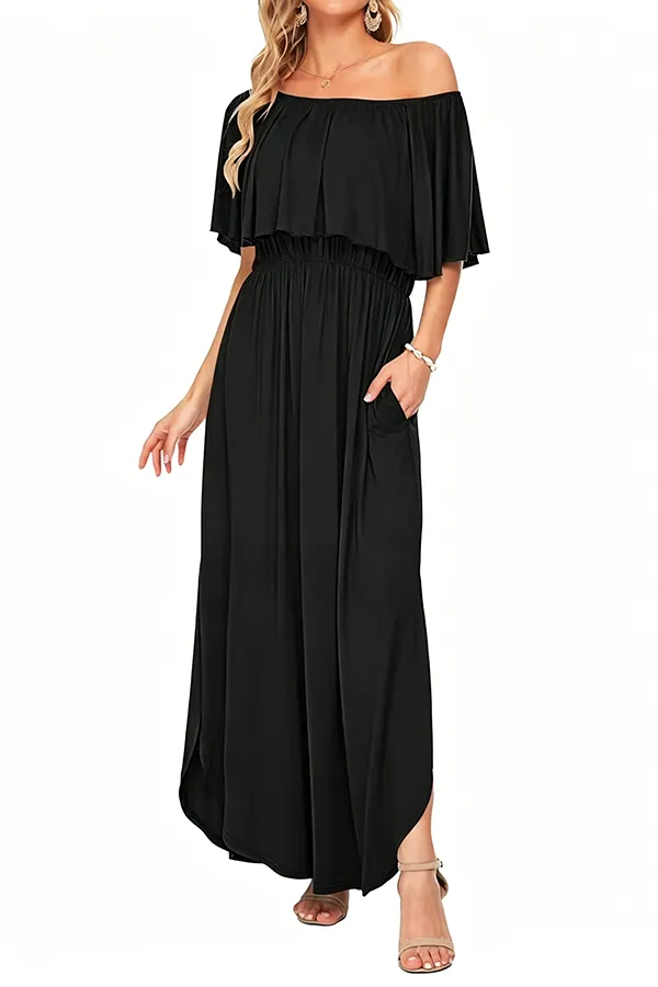 Women’s Off-Shoulder Boho Maxi Dress with Ruffle Sleeves & Side Slit