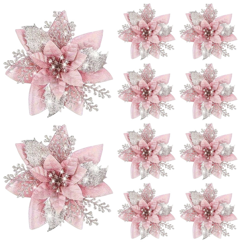 10-Piece Red Glitter Poinsettia Clip Set for Christmas Decorating