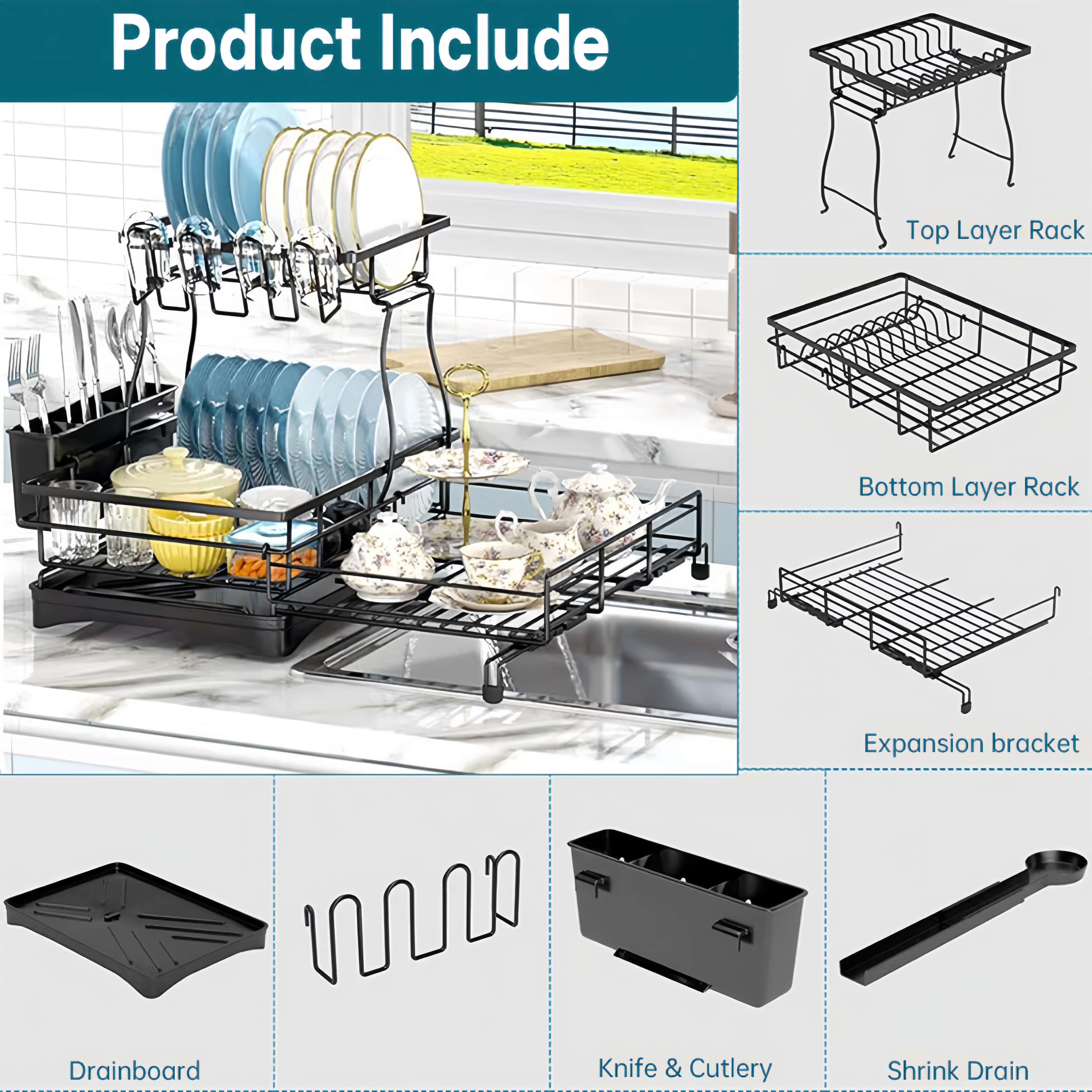 Expandable 2-Tier Carbon Steel Dish Drying Rack
