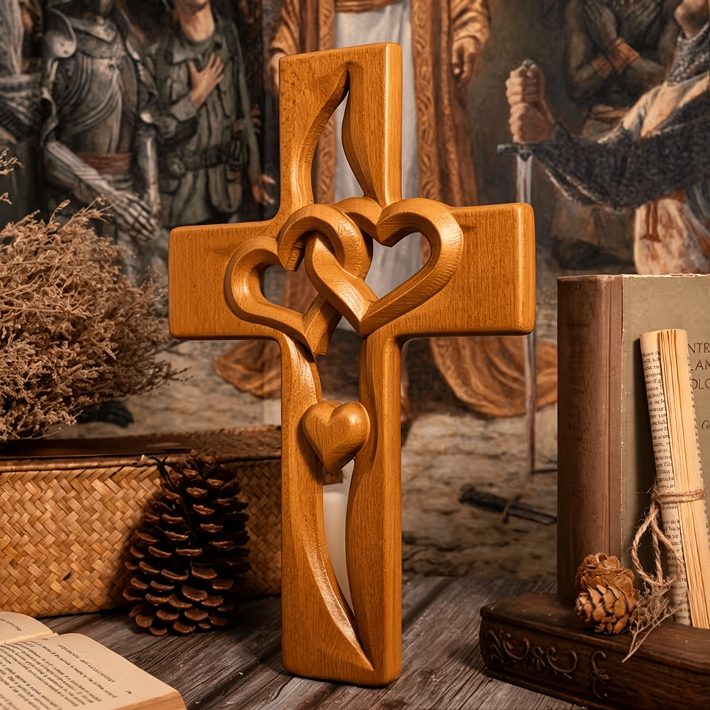 Handmade Wooden Double-Heart Cross Wall Decor