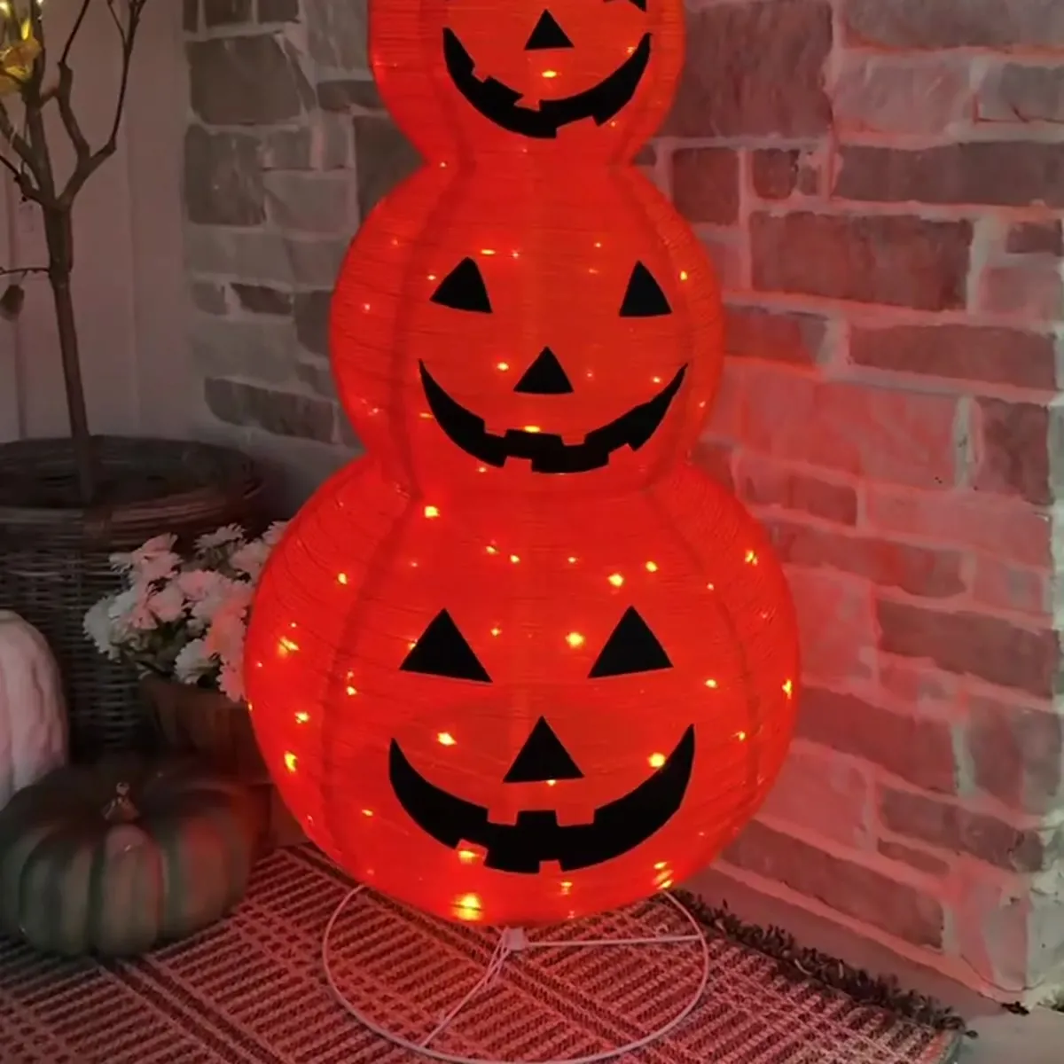 3-Tier Lighted Pumpkin Lantern Stack with Witch Hat