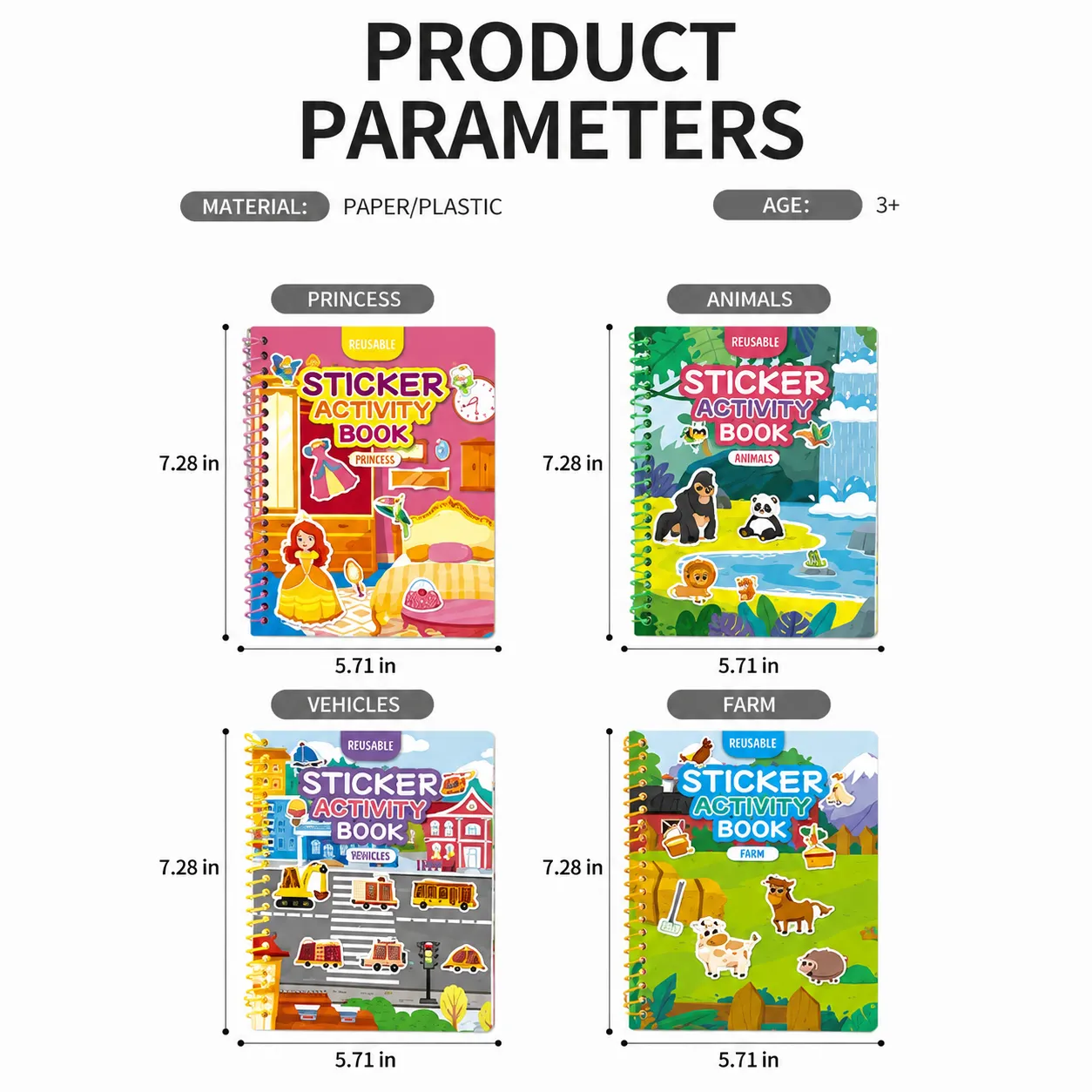 🌟 Reusable Jelly Sticker Activity Book for Kids, Animals/Transportation/Farm/Princesses
