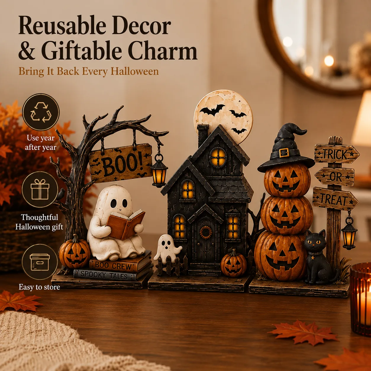 Lighted Halloween Haunted House Tabletop Figurines – 3-Piece Set
