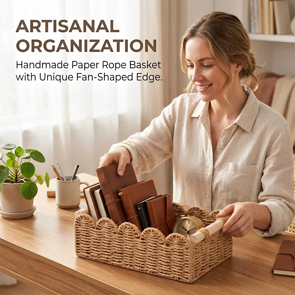 🌿Scalloped Wicker Storage Basket Set – Decorative Toilet Paper & Shelf Organizer
