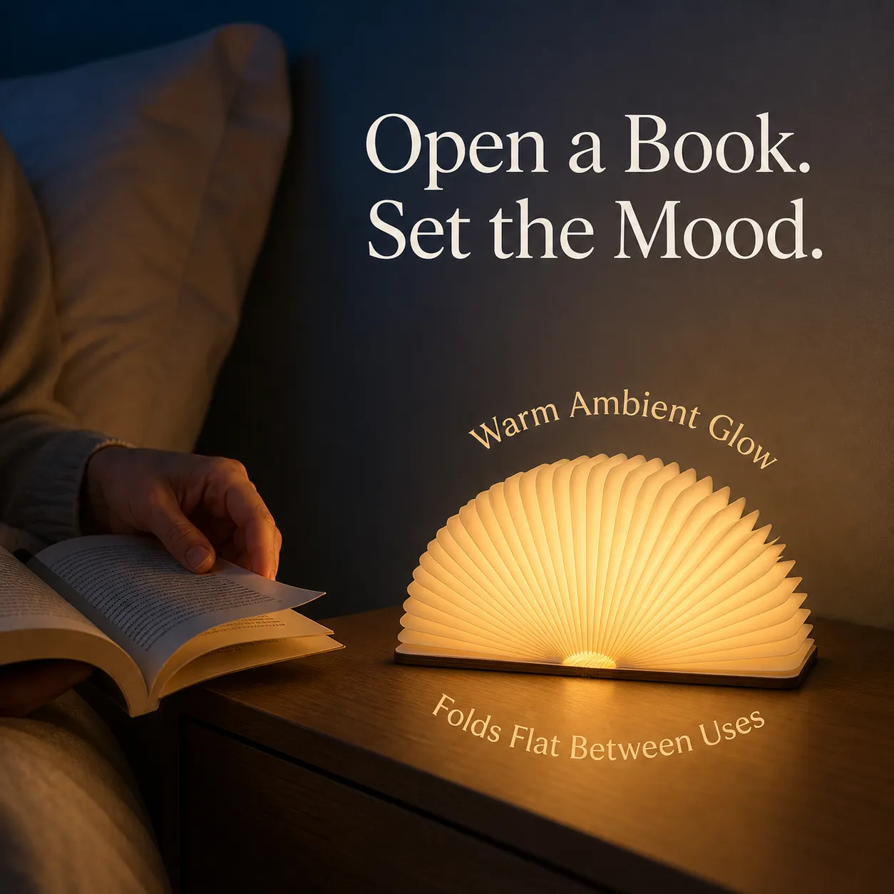 Open-to-Glow Walnut Folding Book Light