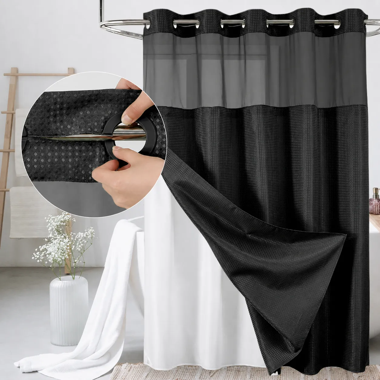 SpaView Hookless Waffle Shower Curtain with Snap-In Liner
