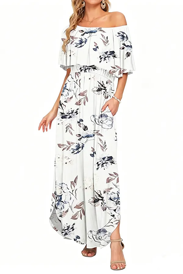 Women’s Off-Shoulder Boho Maxi Dress with Ruffle Sleeves & Side Slit