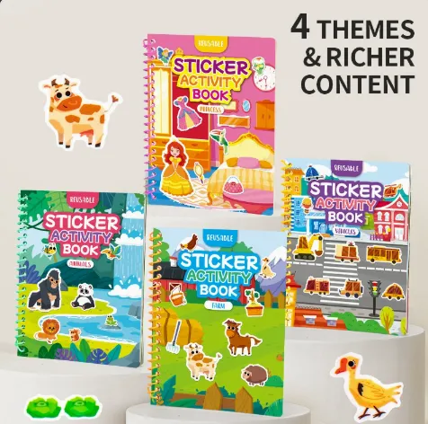 🌟 Reusable Jelly Sticker Activity Book for Kids, Animals/Transportation/Farm/Princesses