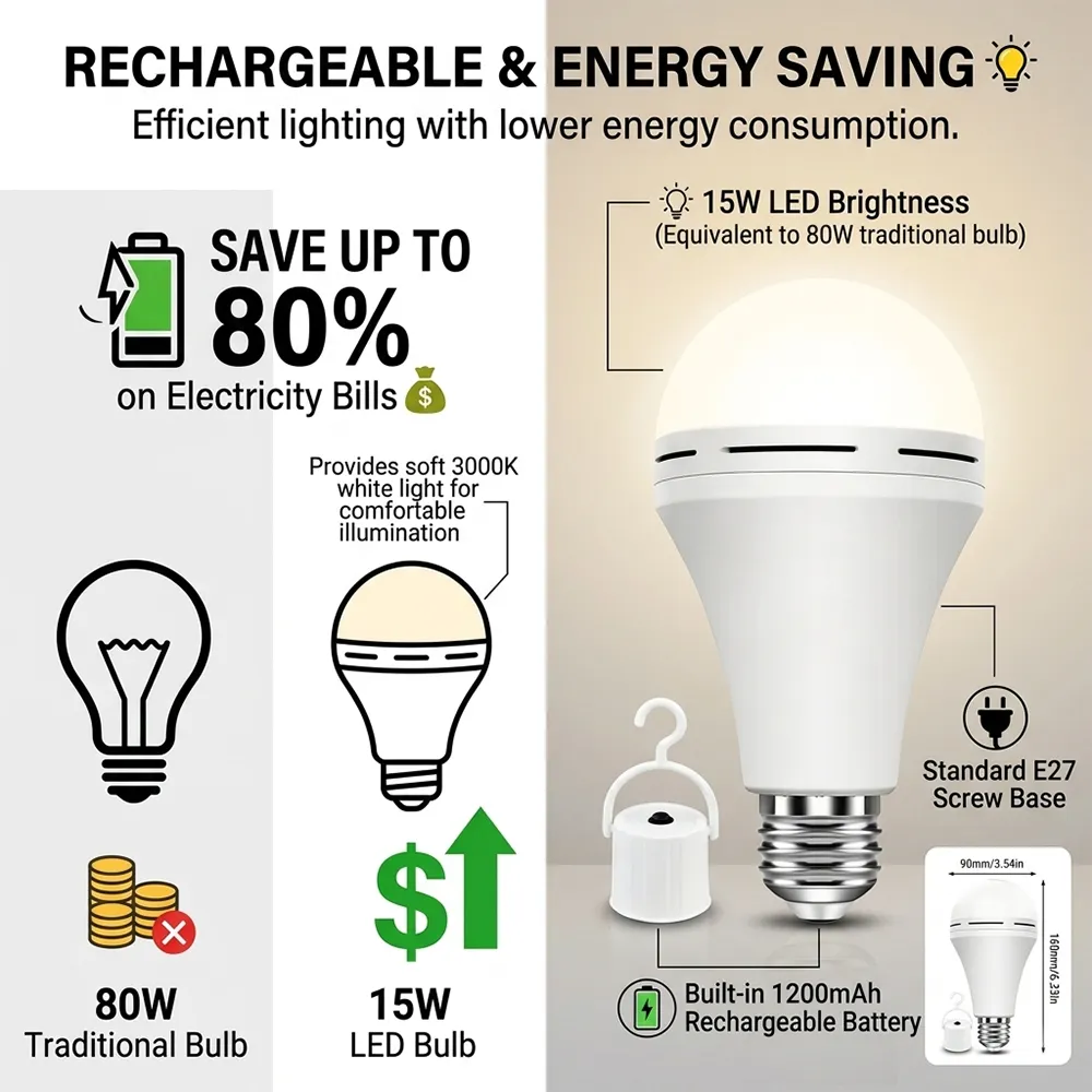 💡🔋Rechargeable Emergency Light Bulb with Backup Power