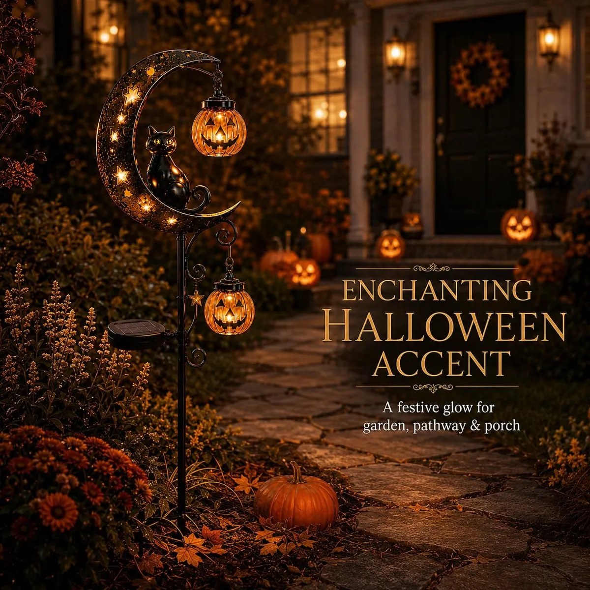 Solar Pumpkin Moon Garden Stake Light with Black Cat