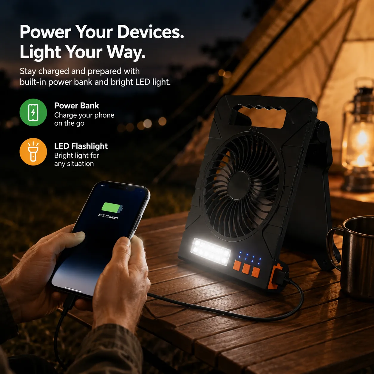 🌬️3-in-1 Solar LED Fan with Power Bank
