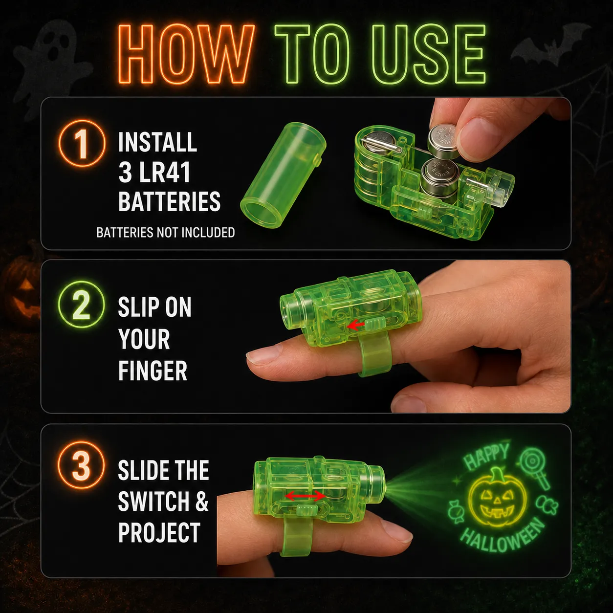 Spooky Beam Halloween Finger Projector Lights — 4-Piece Party Favor Set