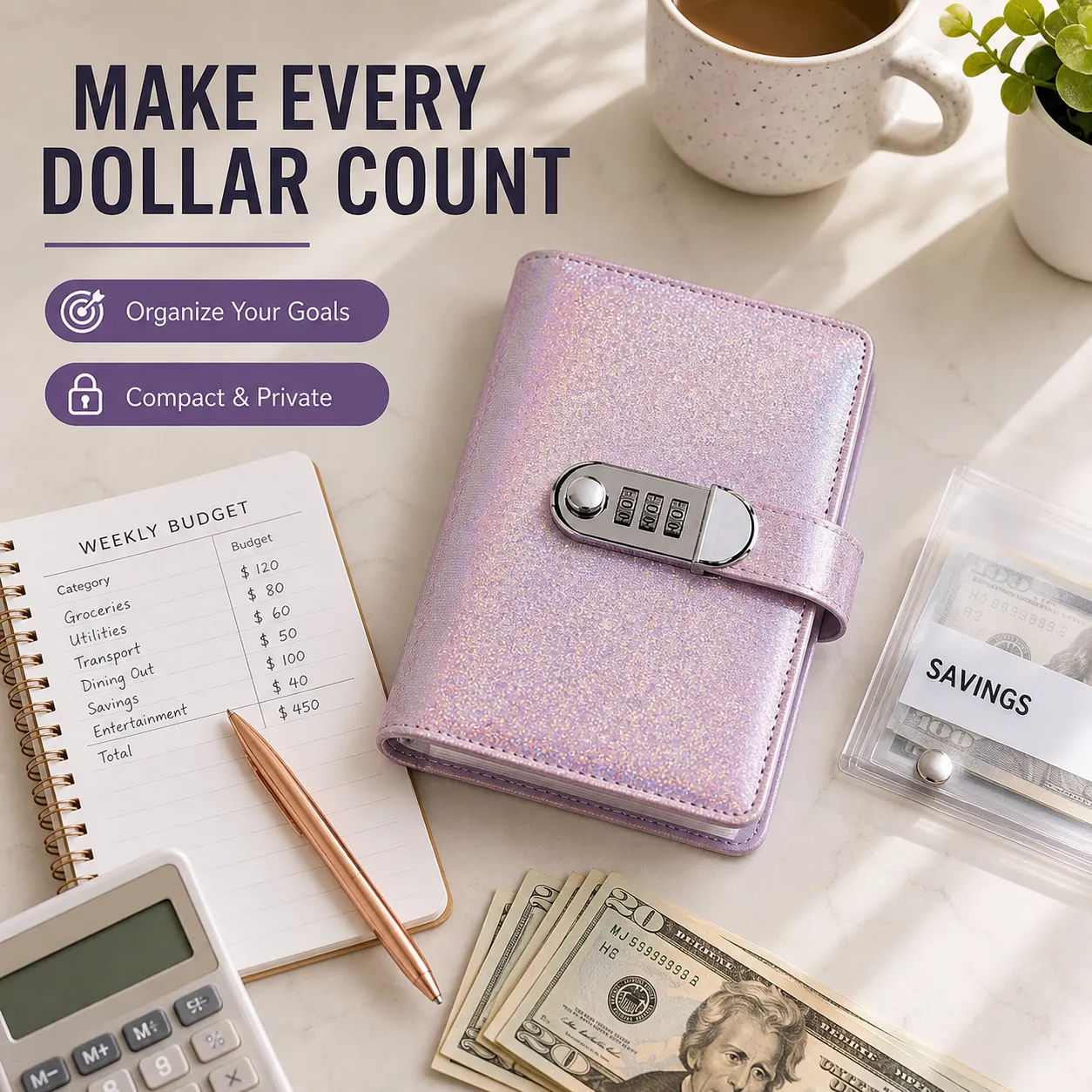 Holographic Glitter Locking Cash Savings Binder