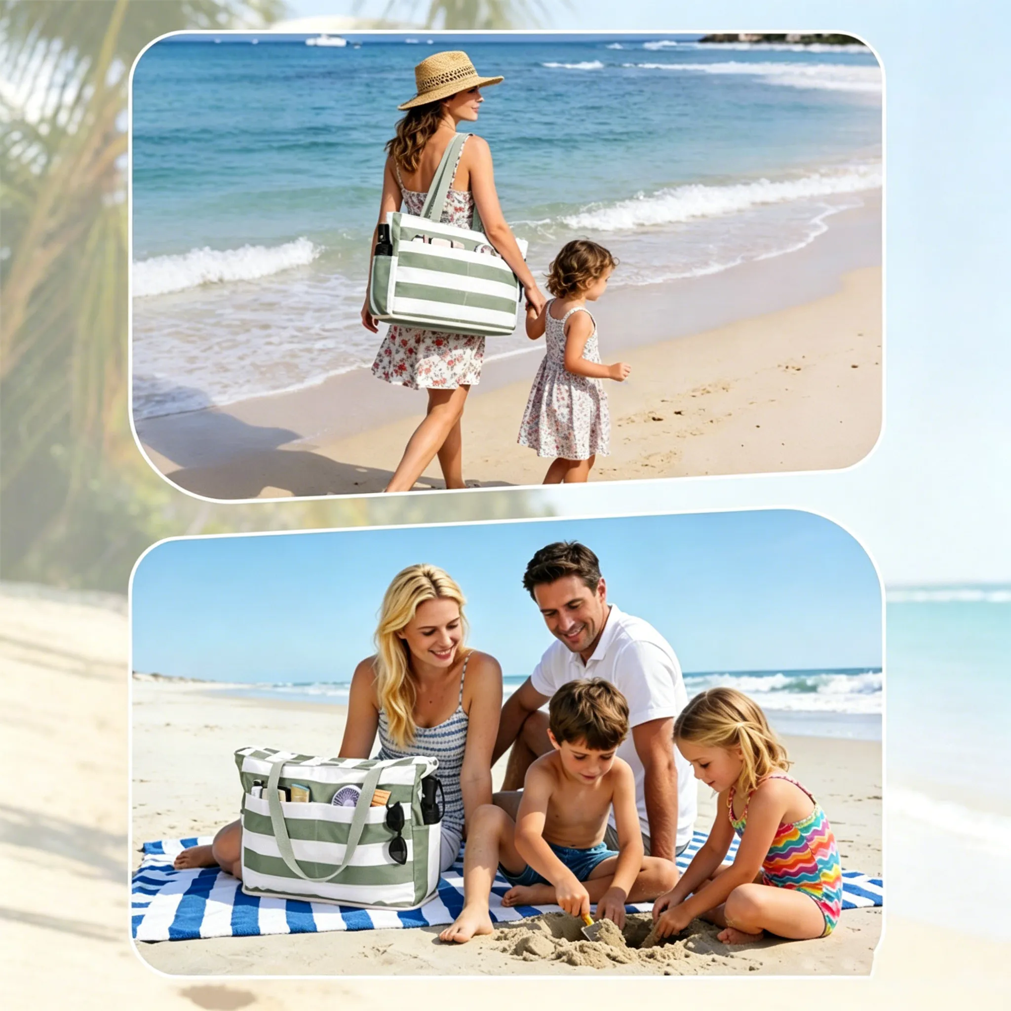 🏖️Beach Bag—Large, waterproof, sand-proof zippered tote with a water bottle pocket