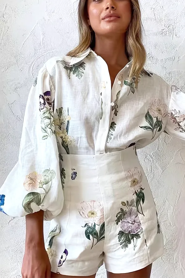 Women’s Embroidered Linen Two-Piece Set – Puff Sleeve Shirt & Shorts Outfit