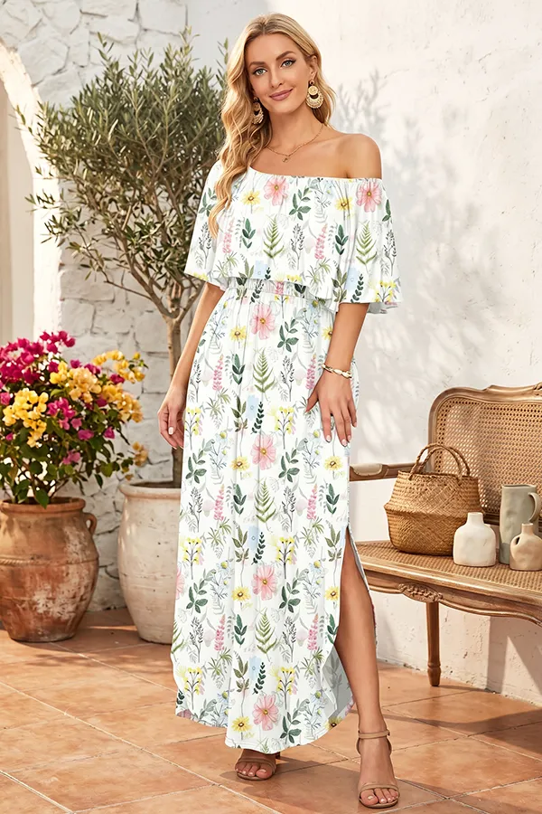 Women’s Off-Shoulder Boho Maxi Dress with Ruffle Sleeves & Side Slit