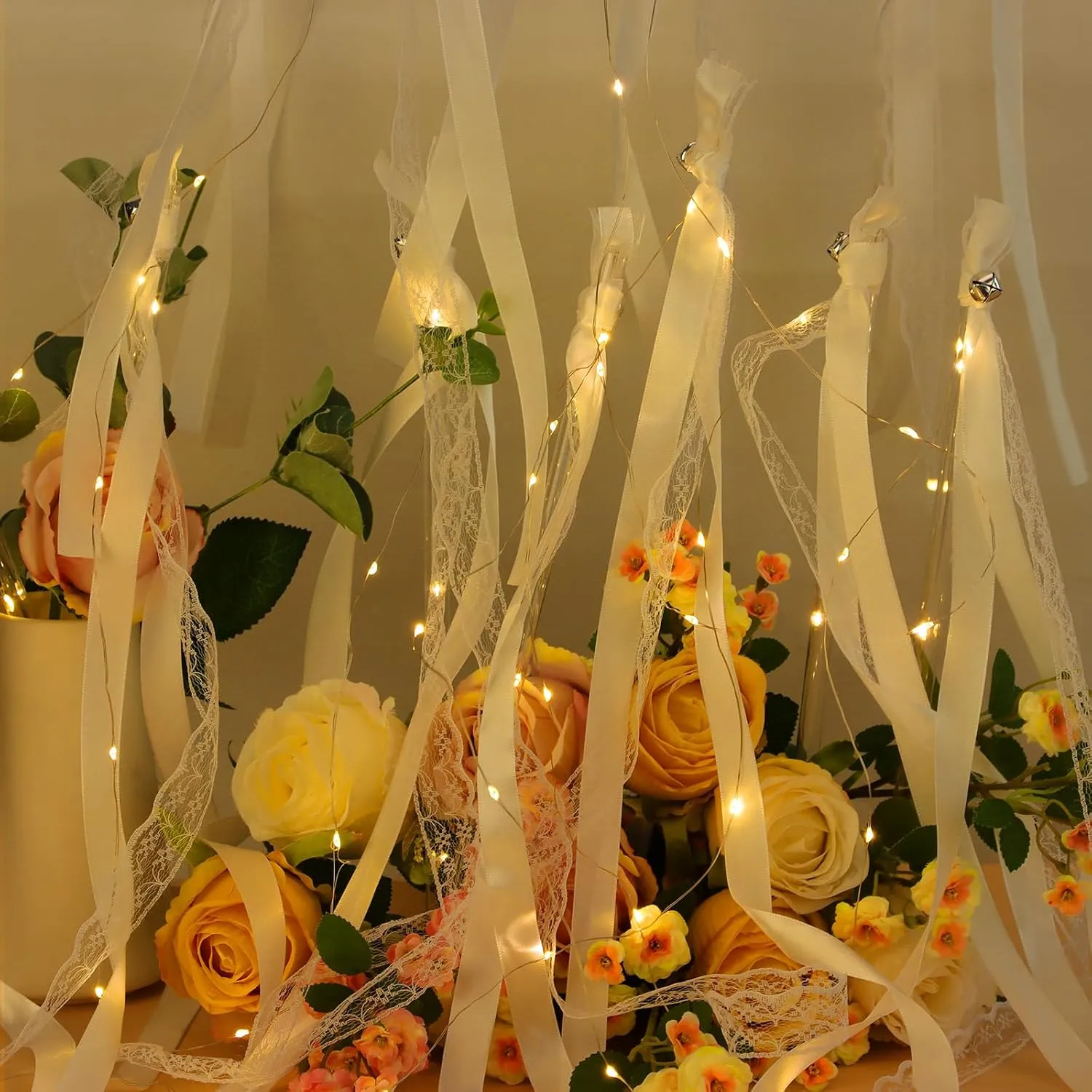 Light-Up Ribbon Fairy Wands with Warm White LEDs & Bells