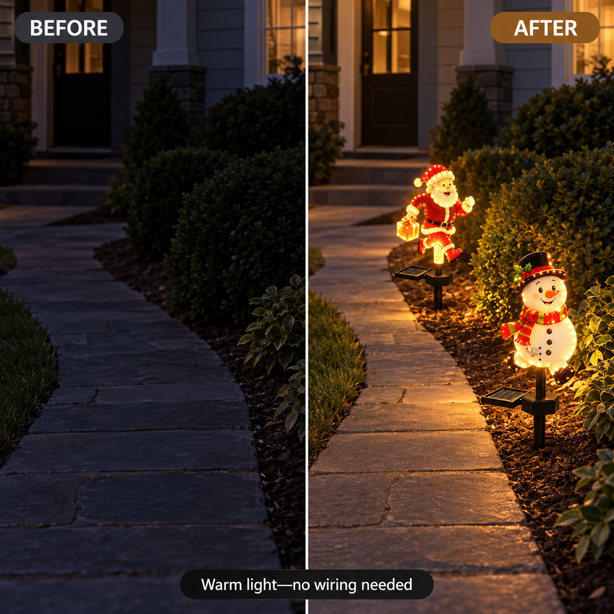 Before and after view of a garden path without and with warm solar character lights