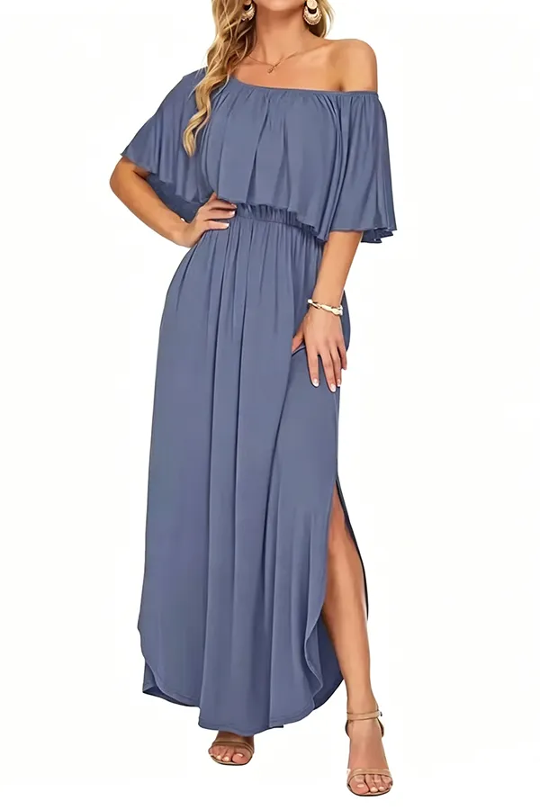 Women’s Off-Shoulder Boho Maxi Dress with Ruffle Sleeves & Side Slit