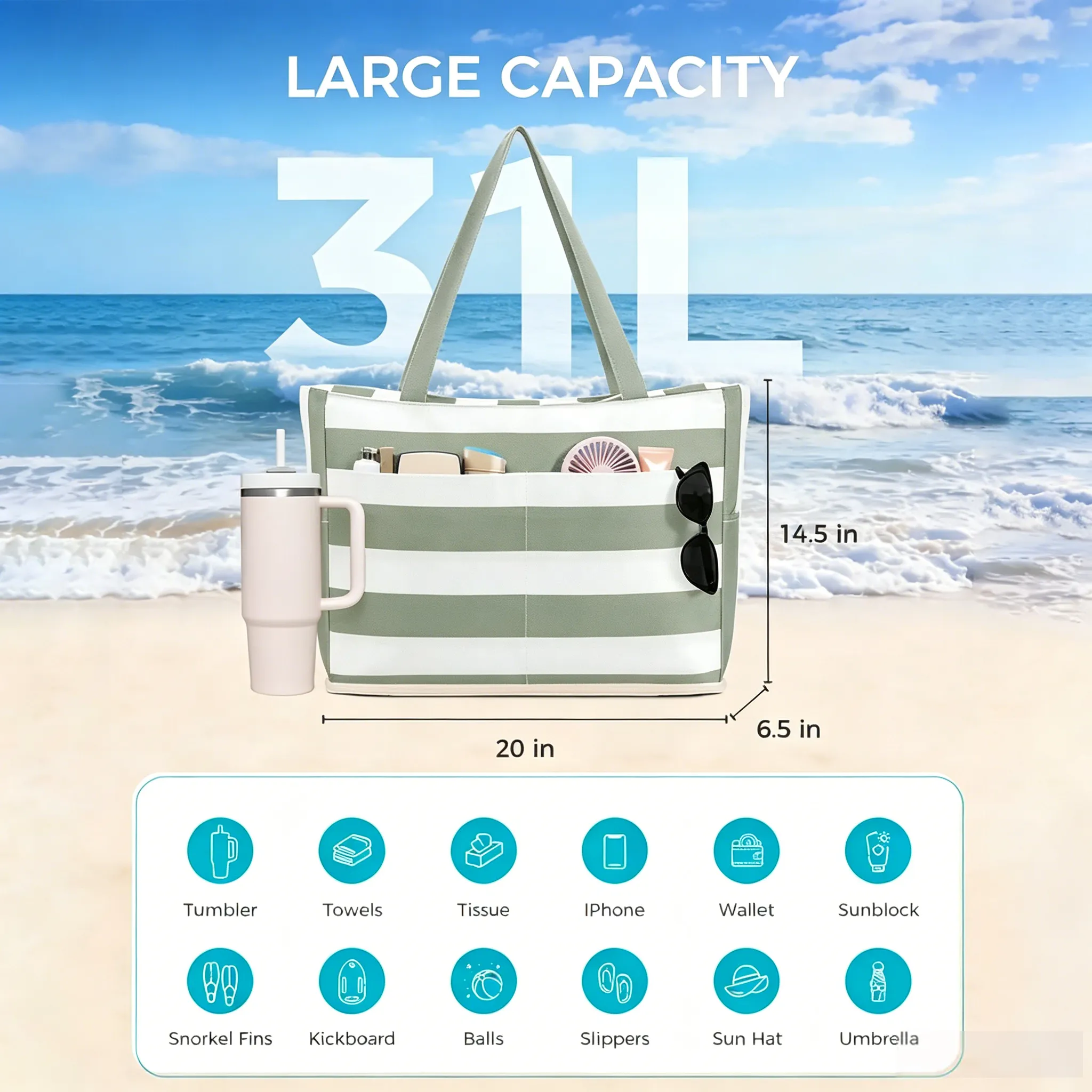 🏖️Beach Bag—Large, waterproof, sand-proof zippered tote with a water bottle pocket