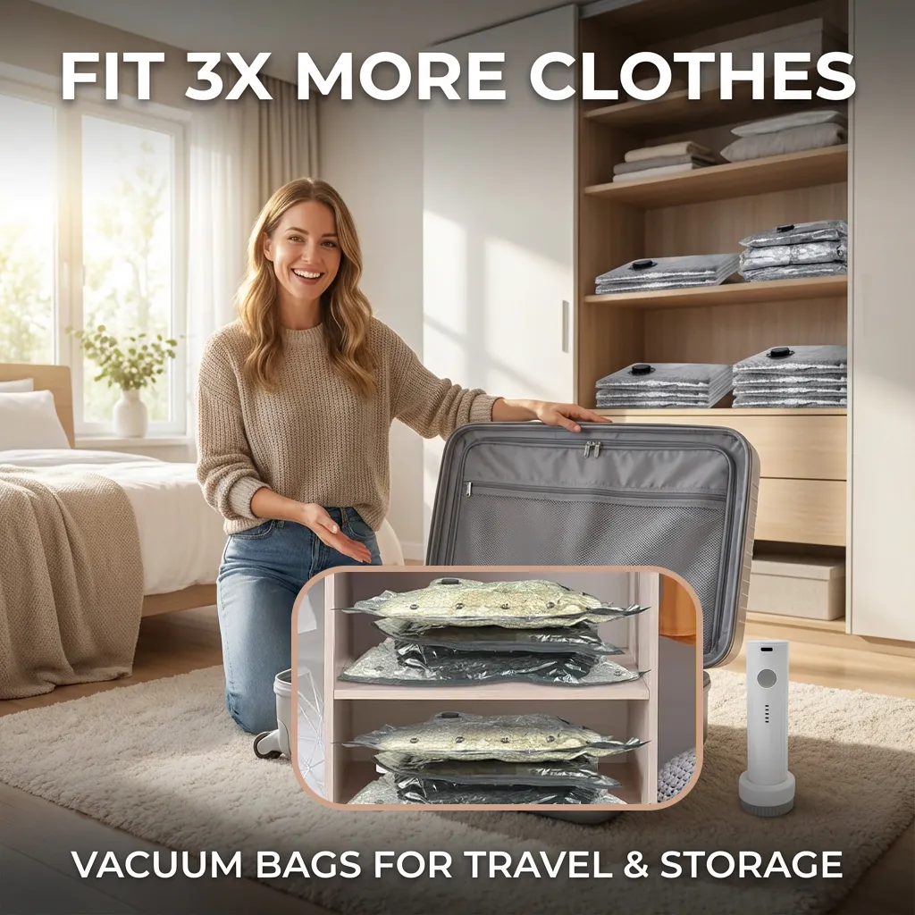 Vacuum Storage Bags: Pack two weeks of clothing into one carry-on by removing bulky air in seconds. 🧳