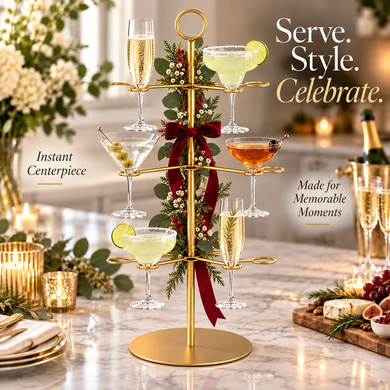 Celebration-Ready 3-Tier Cocktail Glass Tree