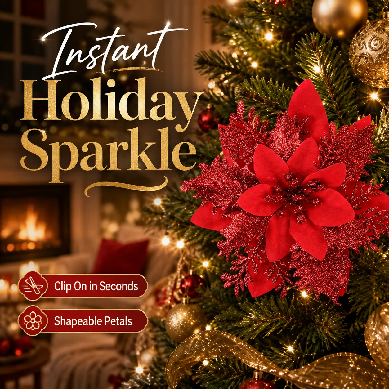 10-Piece Red Glitter Poinsettia Clip Set for Christmas Decorating