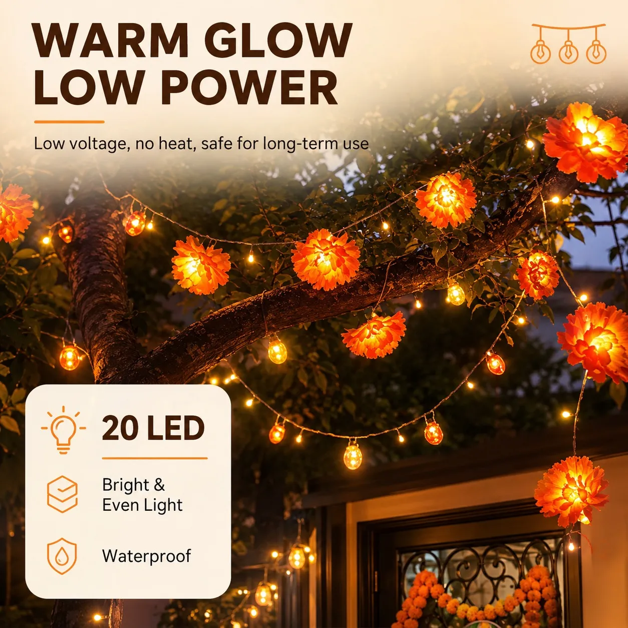 Lighted Marigold Flower String Lights - 10 ft, 20 Warm LEDs