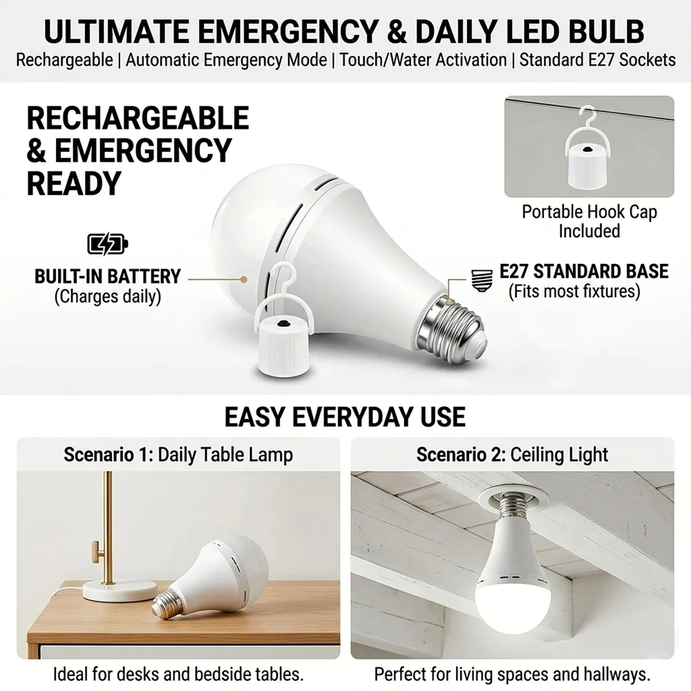 💡🔋Rechargeable Emergency Light Bulb with Backup Power