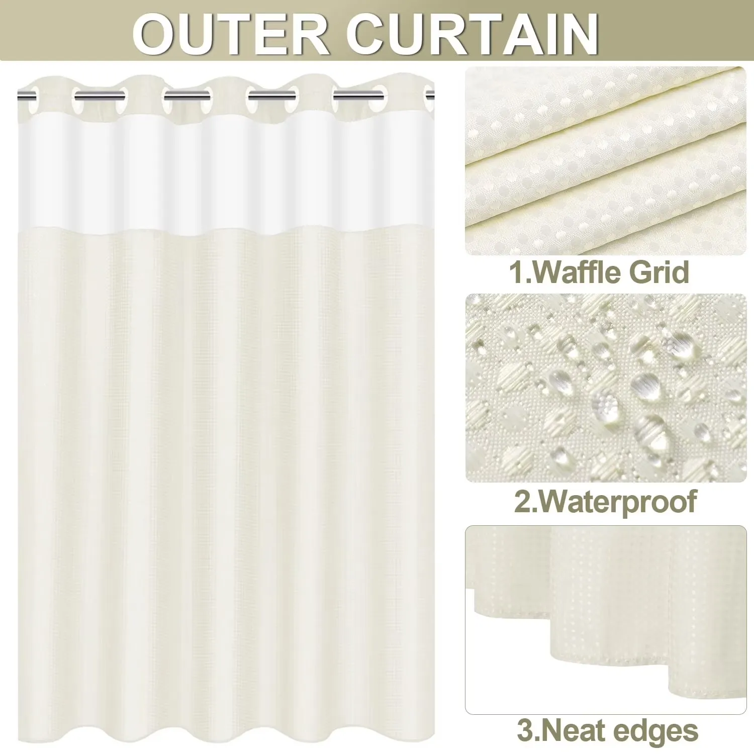 SpaView Hookless Waffle Shower Curtain with Snap-In Liner