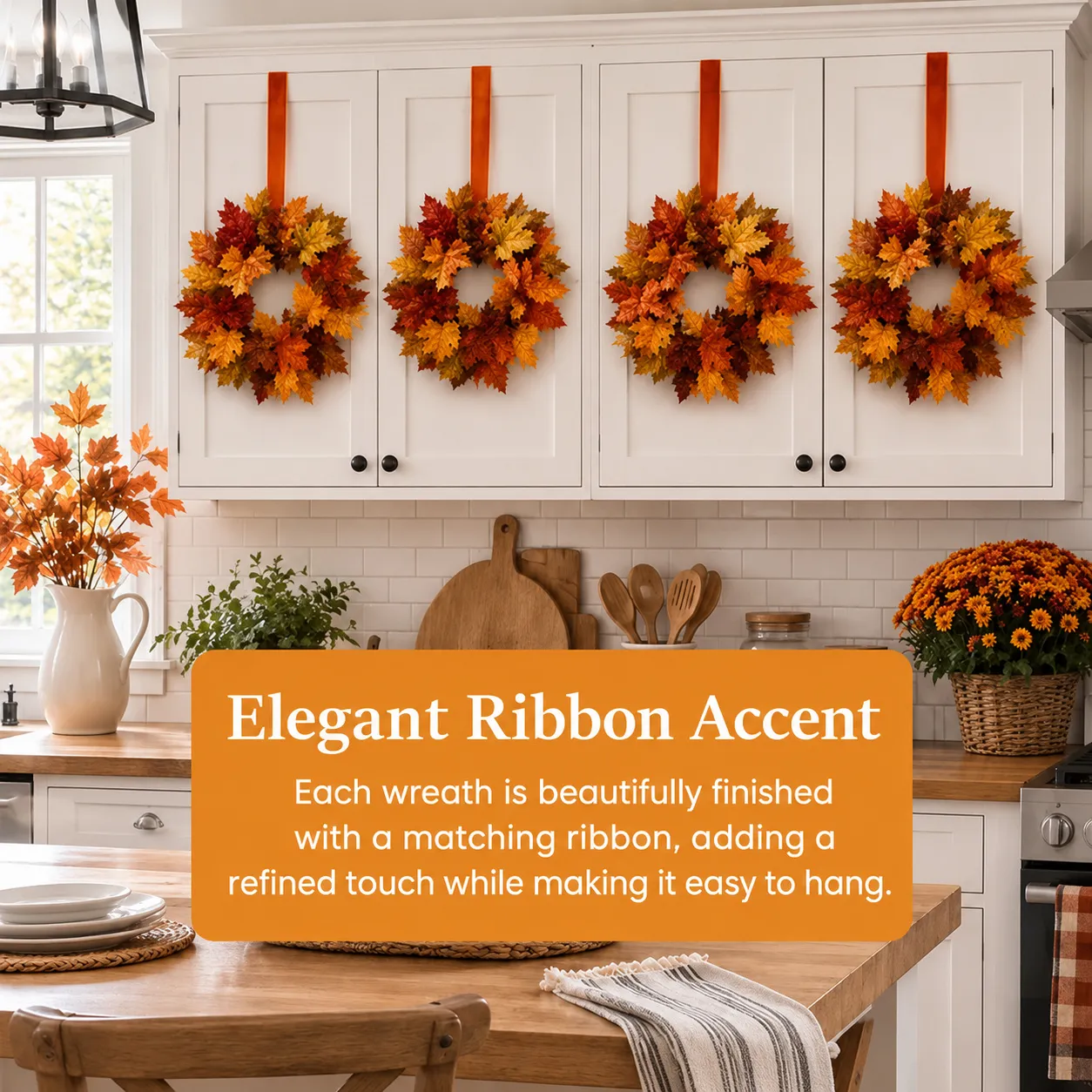 Mini Fall Maple Leaf Cabinet Wreath with Hanging Ribbon