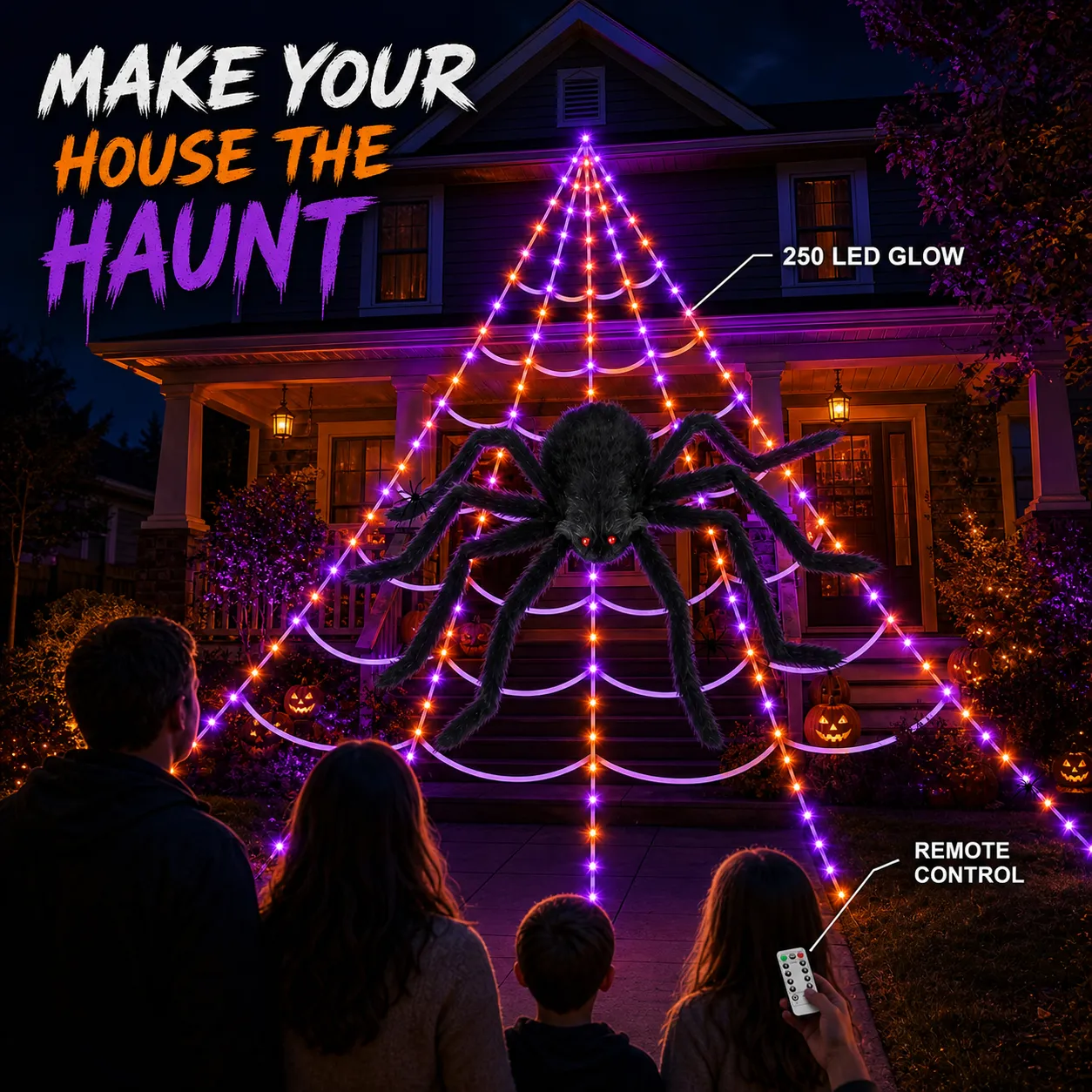 250-LED Purple & Orange Spider Web Lights with Giant Furry Spider