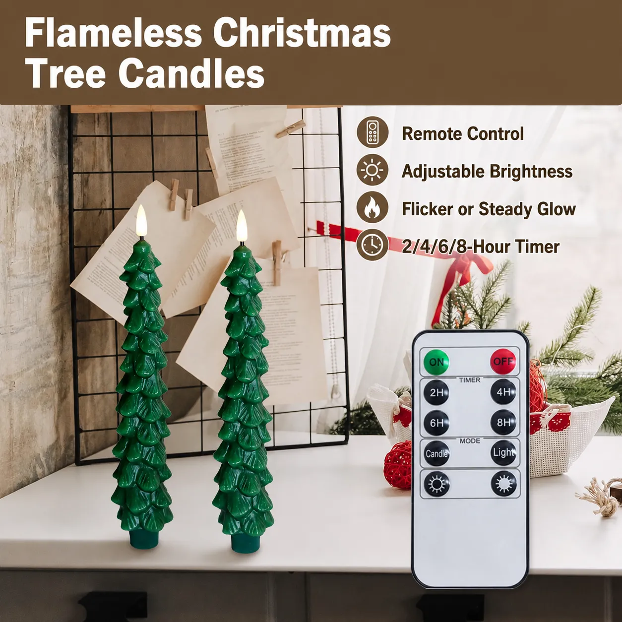 Remote-Controlled Real-Wax Christmas Tree Candles – 2-Piece Set