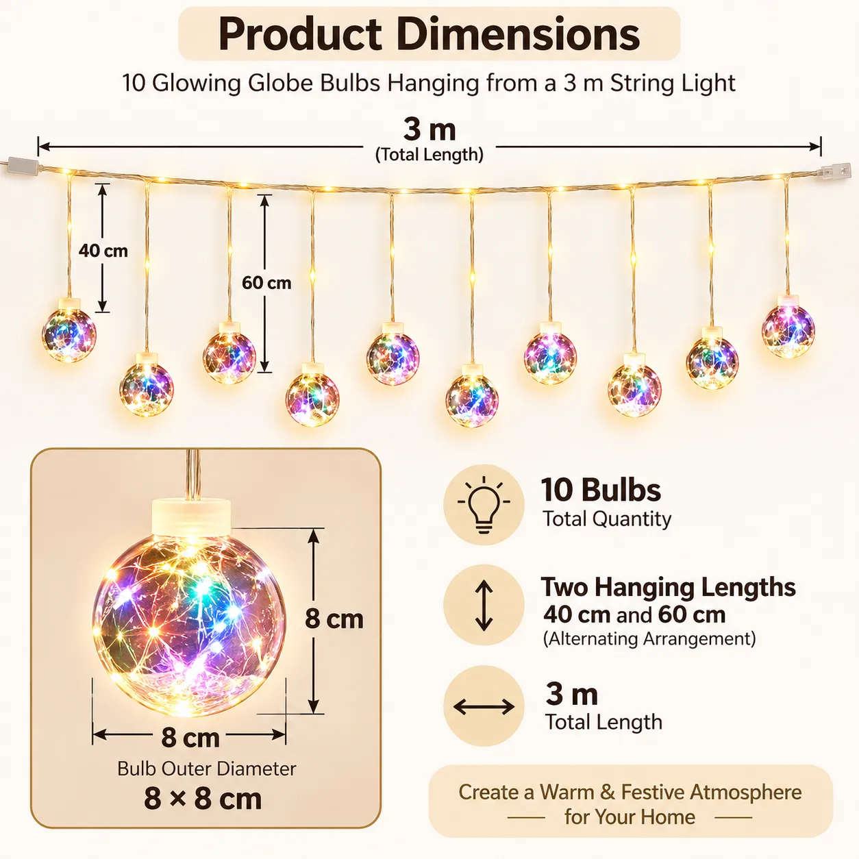Multicolor Crackle Globe Curtain Lights – 200 LEDs, 10 Globes