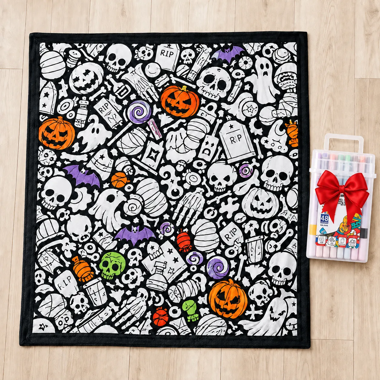 Halloween Coloring Blanket Kit with 48 Markers