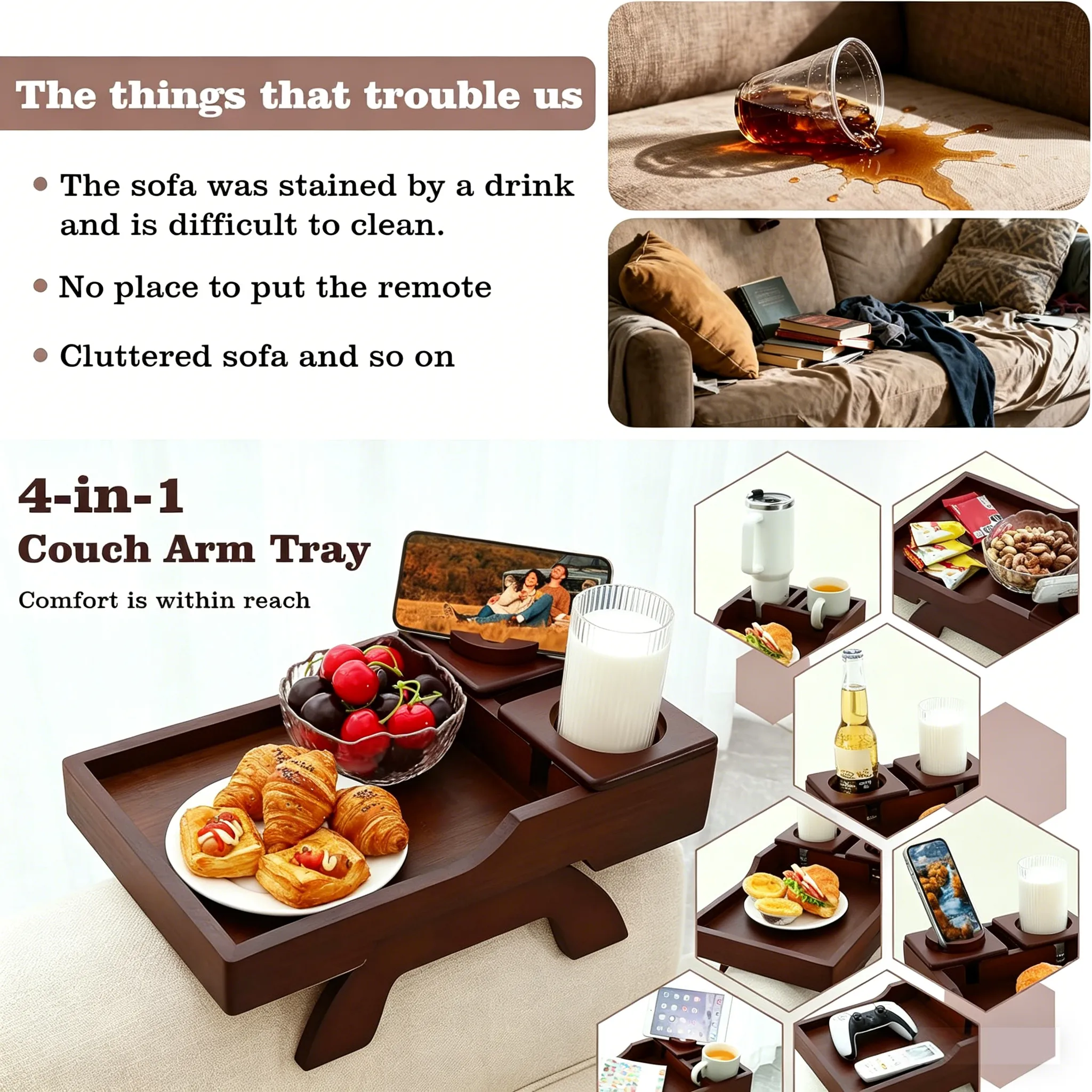 🛋️ Wooden Sofa Cup Holder Tray