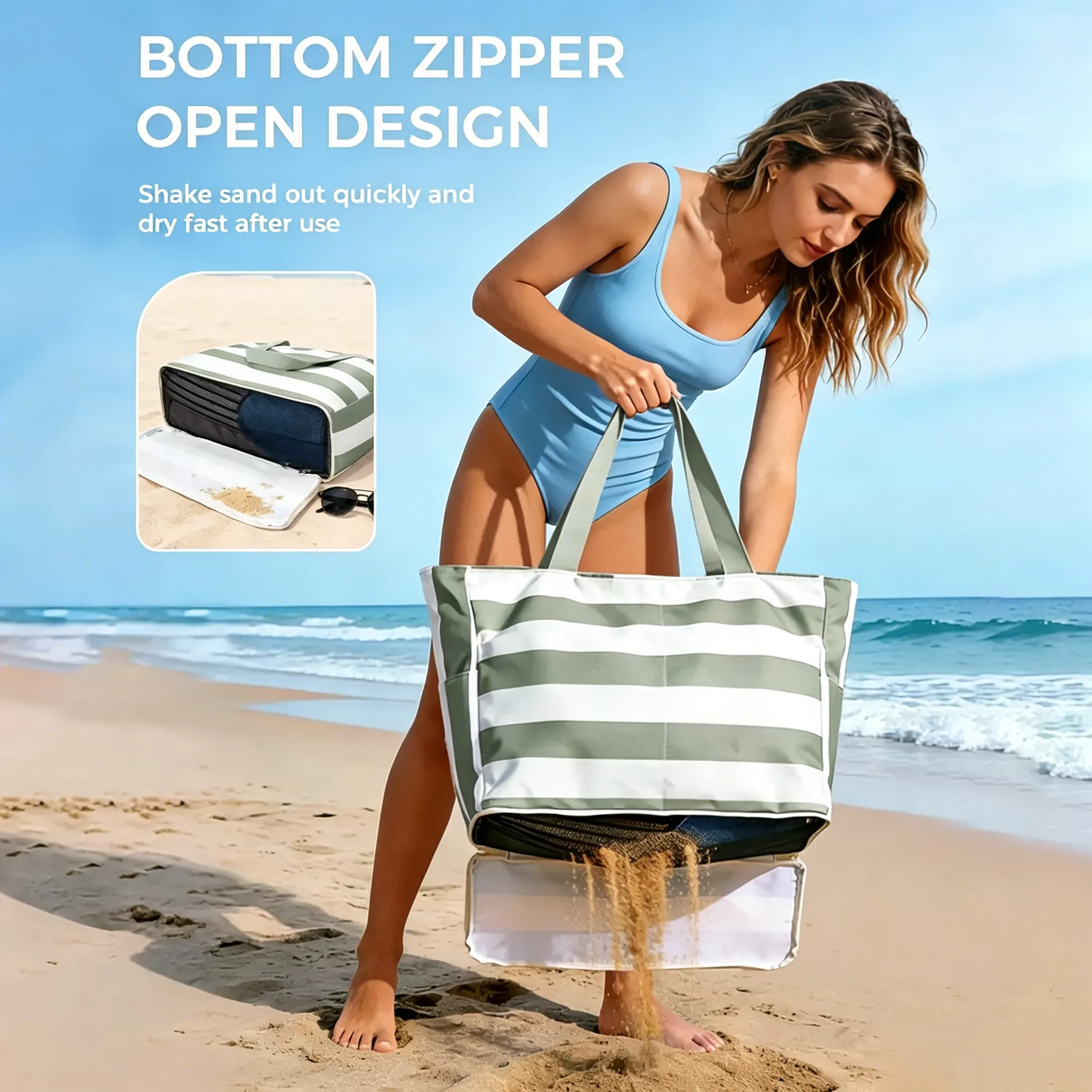 🏖️Beach Bag—Large, waterproof, sand-proof zippered tote with a water bottle pocket