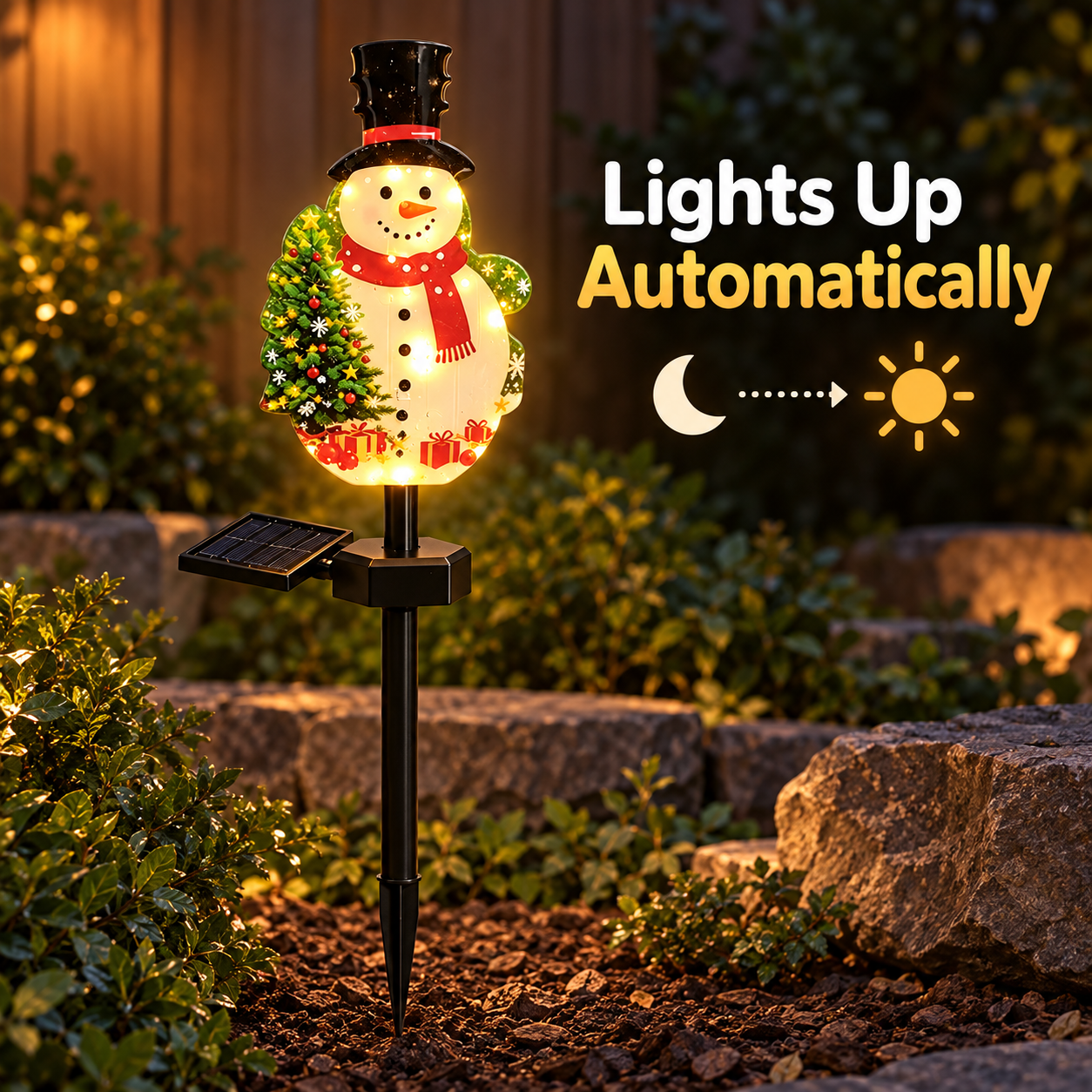 Solar character stake light turning on automatically after dark