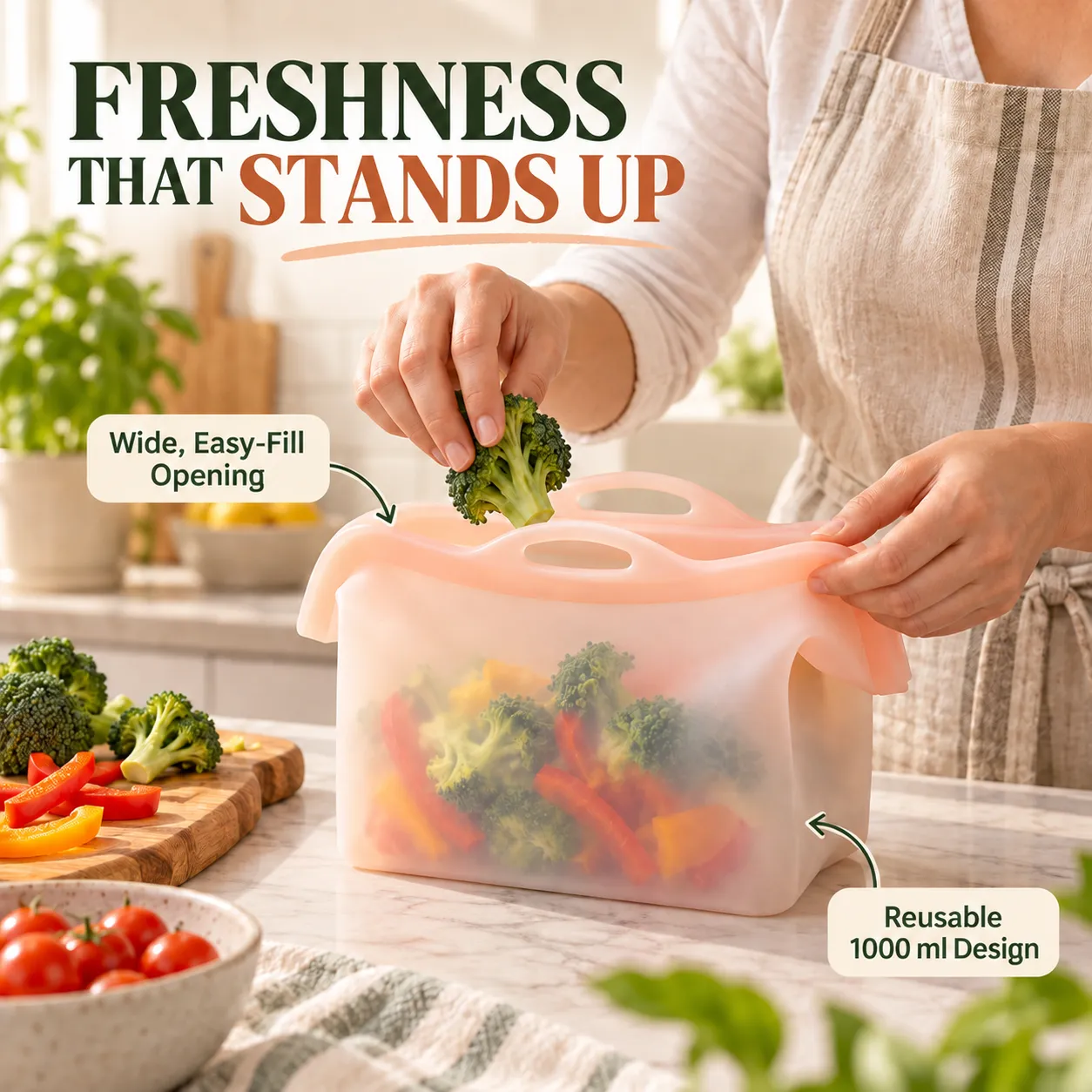 Stand-Up Reusable Silicone Food Storage Bag – 1000 ml