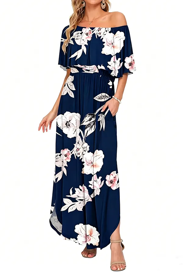 Women’s Off-Shoulder Boho Maxi Dress with Ruffle Sleeves & Side Slit