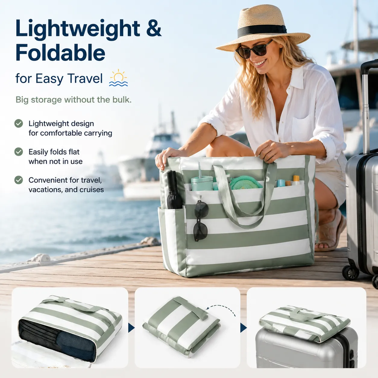🏖️Beach Bag—Large, waterproof, sand-proof zippered tote with a water bottle pocket