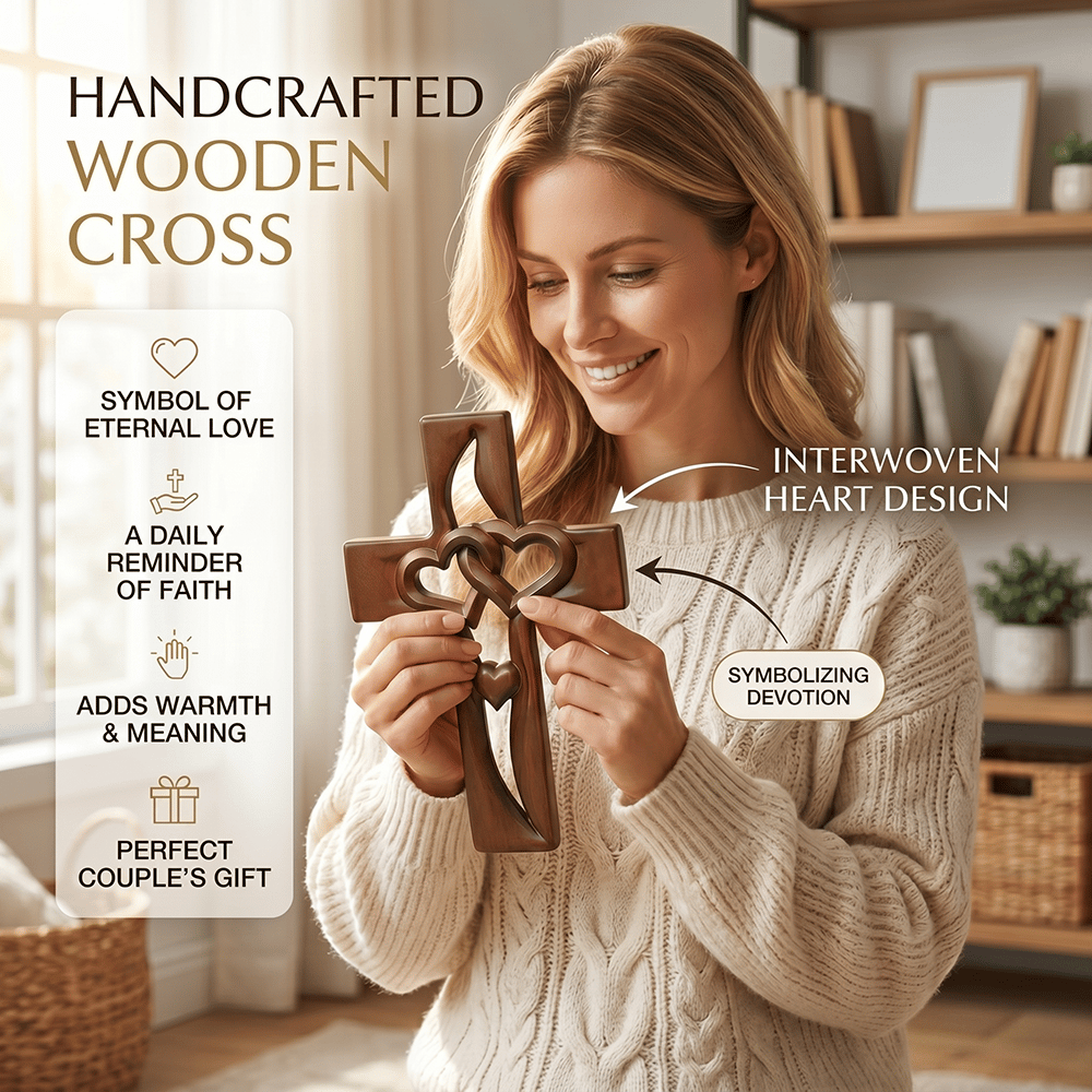 Handmade Wooden Double-Heart Cross Wall Decor